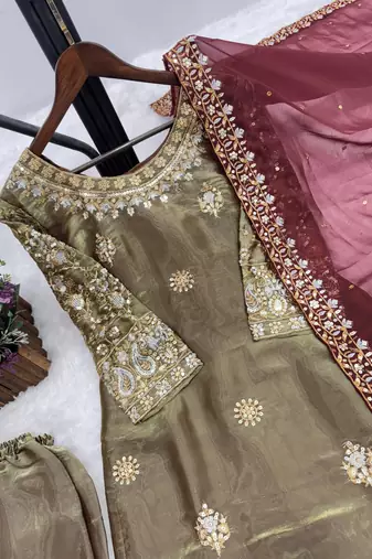 olive color embroidery sequin work silk blend kurti set