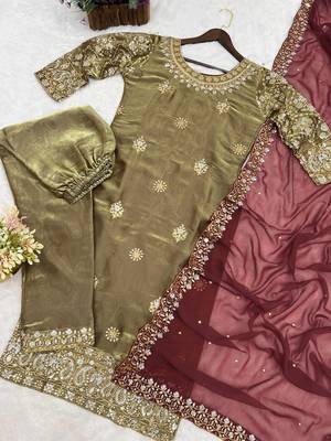 olive color embroidery sequin work silk blend kurti set 3