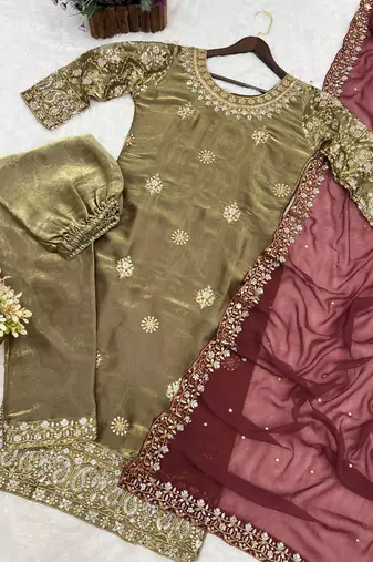 olive color embroidery sequin work silk blend kurti set