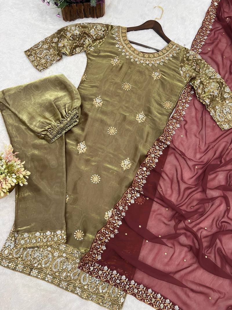 olive color embroidery sequin work silk blend kurti set