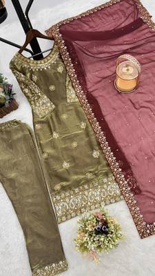 olive color embroidery sequin work silk blend kurti set 4