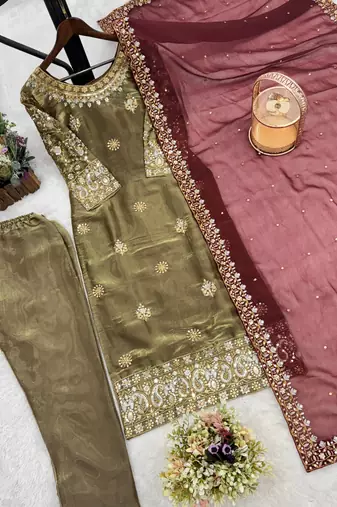 olive color embroidery sequin work silk blend kurti set