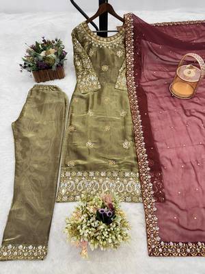 olive color embroidery sequin work silk blend kurti set 5