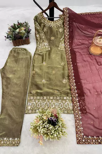olive color embroidery sequin work silk blend kurti set