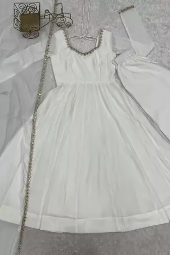 White mirror handwork mal chanderi anarkali gown with dupatta and pant set