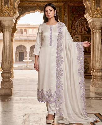 lavender color embroidery sequin work with cutwork silk blend kurti set 1