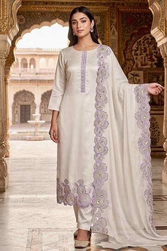 lavender color embroidery sequin work with cutwork silk blend kurti set