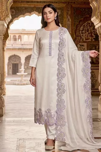 lavender color embroidery sequin work with cutwork silk blend kurti set