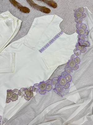 lavender color embroidery sequin work with cutwork silk blend kurti set 2