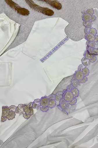 lavender color embroidery sequin work with cutwork silk blend kurti set