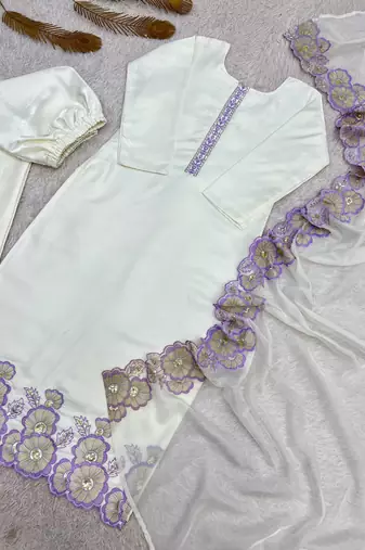 lavender color embroidery sequin work with cutwork silk blend kurti set