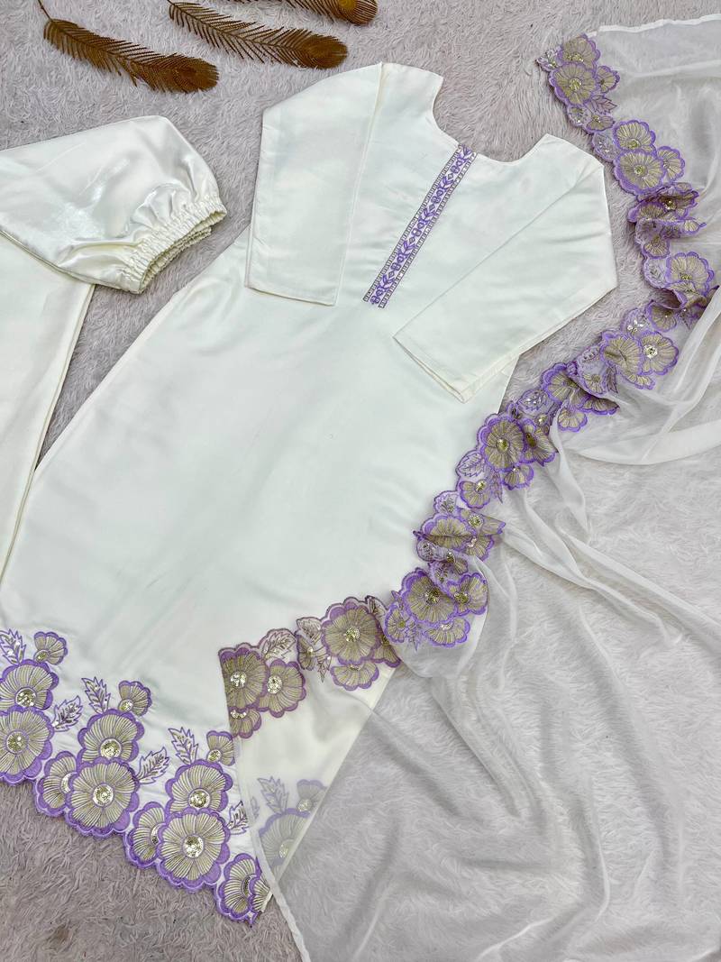 lavender color embroidery sequin work with cutwork silk blend kurti set