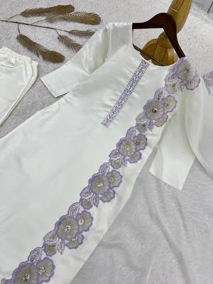 lavender color embroidery sequin work with cutwork silk blend kurti set 4