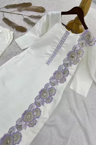 lavender color embroidery sequin work with cutwork silk blend kurti set