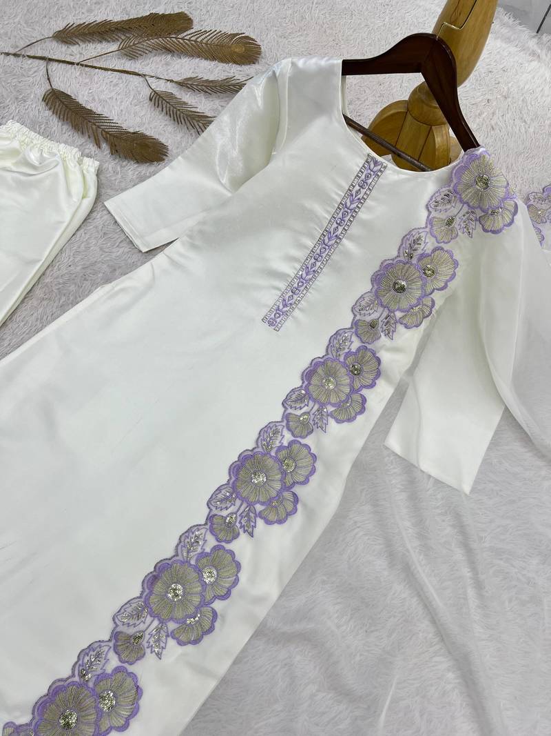 lavender color embroidery sequin work with cutwork silk blend kurti set