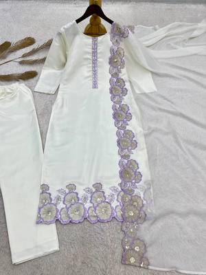lavender color embroidery sequin work with cutwork silk blend kurti set 5