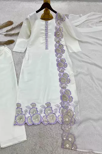 lavender color embroidery sequin work with cutwork silk blend kurti set