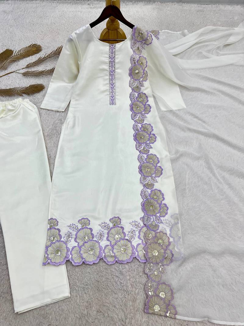 lavender color embroidery sequin work with cutwork silk blend kurti set