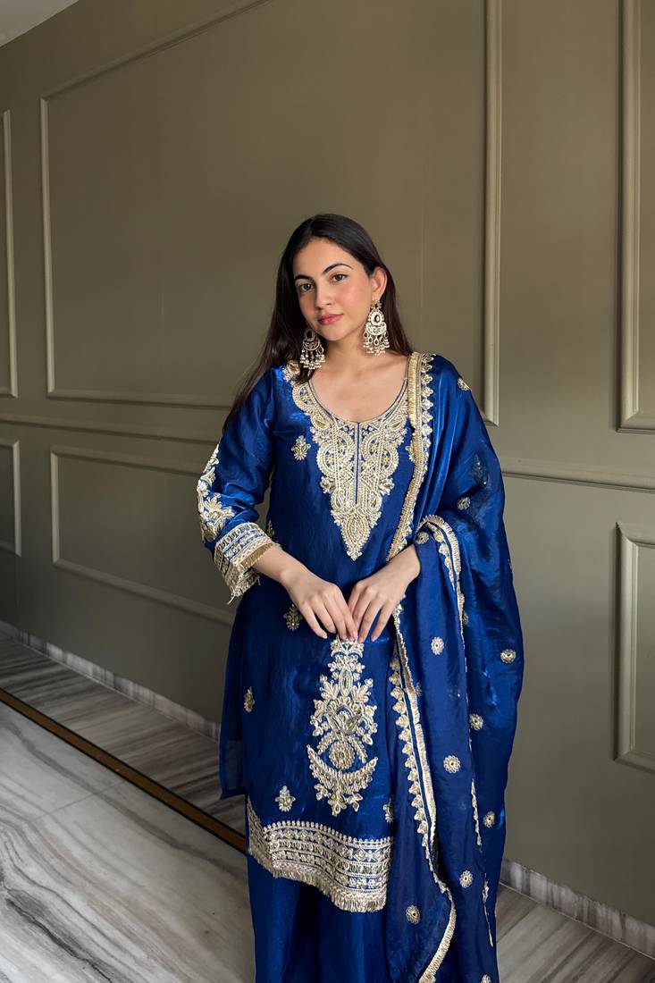 blue embroidered fendi satin free size stitched kurta set