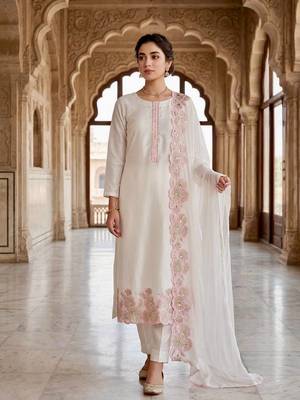 pink color embroidery sequin work with cutwork silk blend kurti set 1