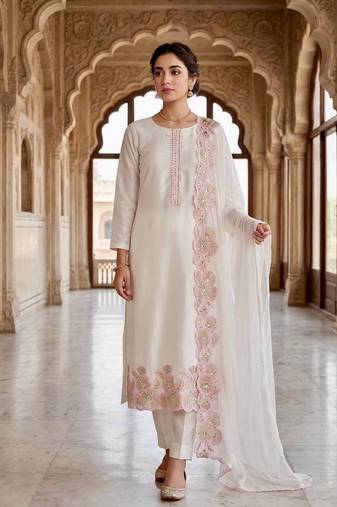 pink color embroidery sequin work with cutwork silk blend kurti set