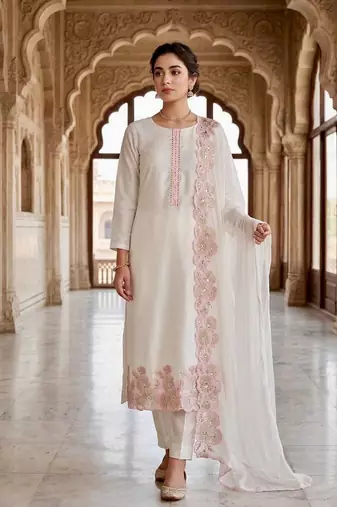 pink color embroidery sequin work with cutwork silk blend kurti set