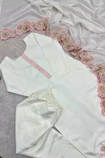 pink color embroidery sequin work with cutwork silk blend kurti set