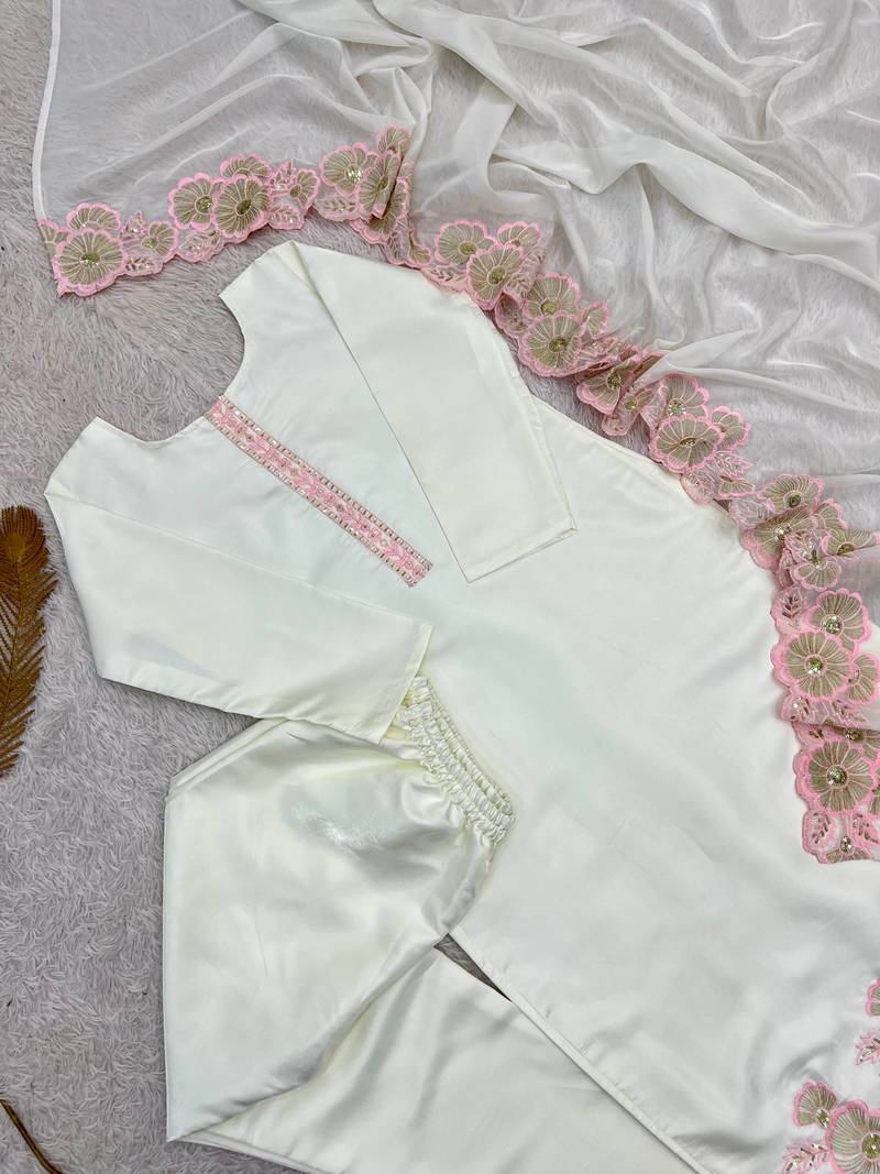 pink color embroidery sequin work with cutwork silk blend kurti set