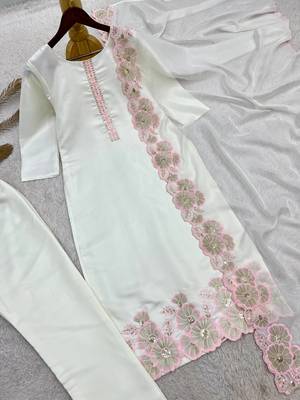 pink color embroidery sequin work with cutwork silk blend kurti set 3
