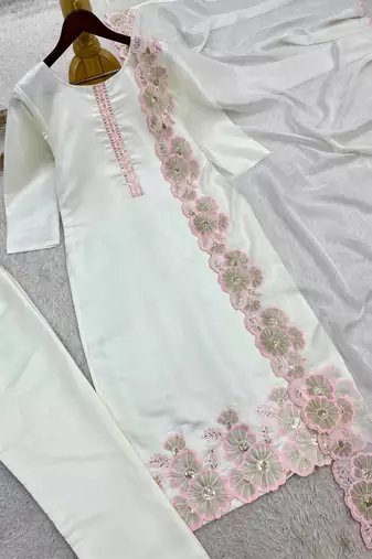 pink color embroidery sequin work with cutwork silk blend kurti set