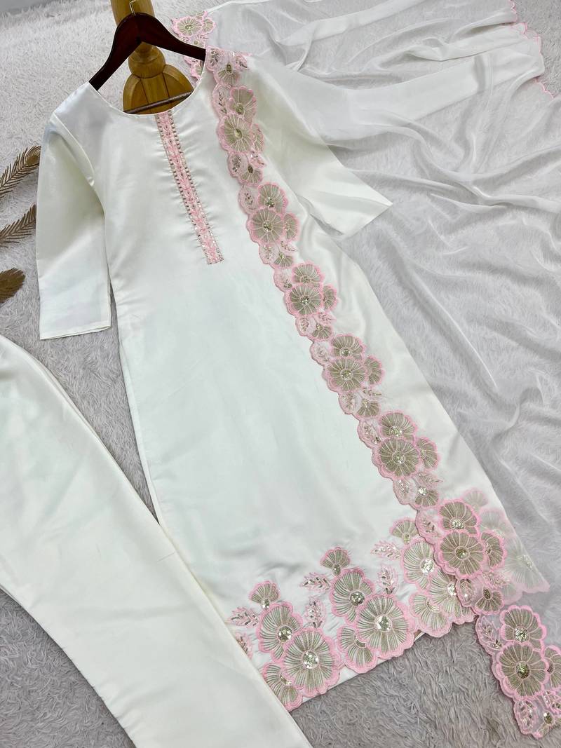 pink color embroidery sequin work with cutwork silk blend kurti set