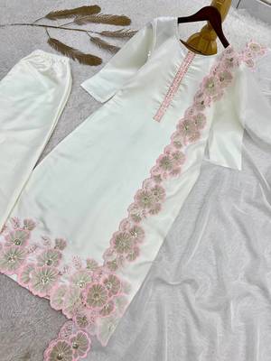 pink color embroidery sequin work with cutwork silk blend kurti set 4