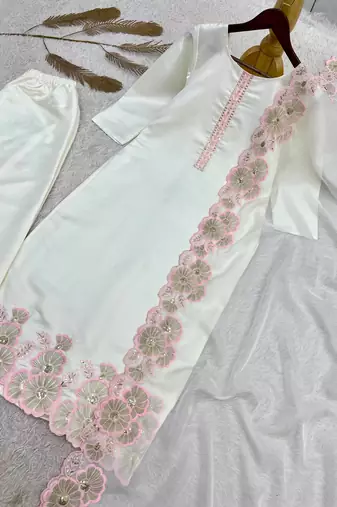 pink color embroidery sequin work with cutwork silk blend kurti set