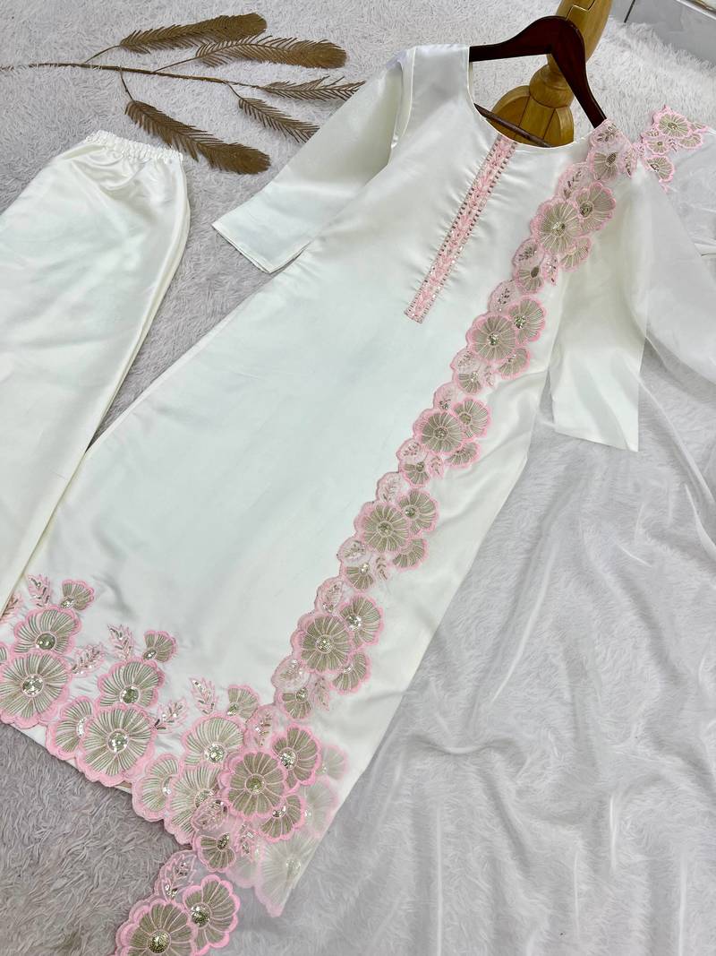 pink color embroidery sequin work with cutwork silk blend kurti set