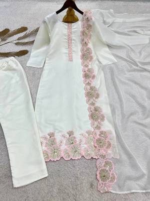 pink color embroidery sequin work with cutwork silk blend kurti set 5