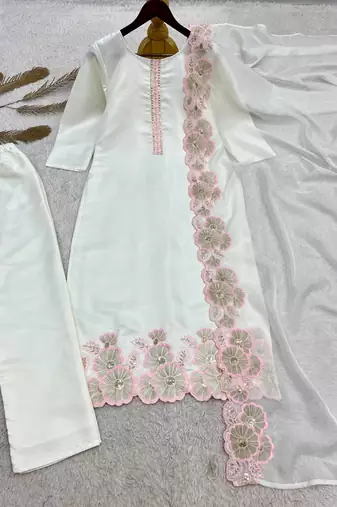 pink color embroidery sequin work with cutwork silk blend kurti set