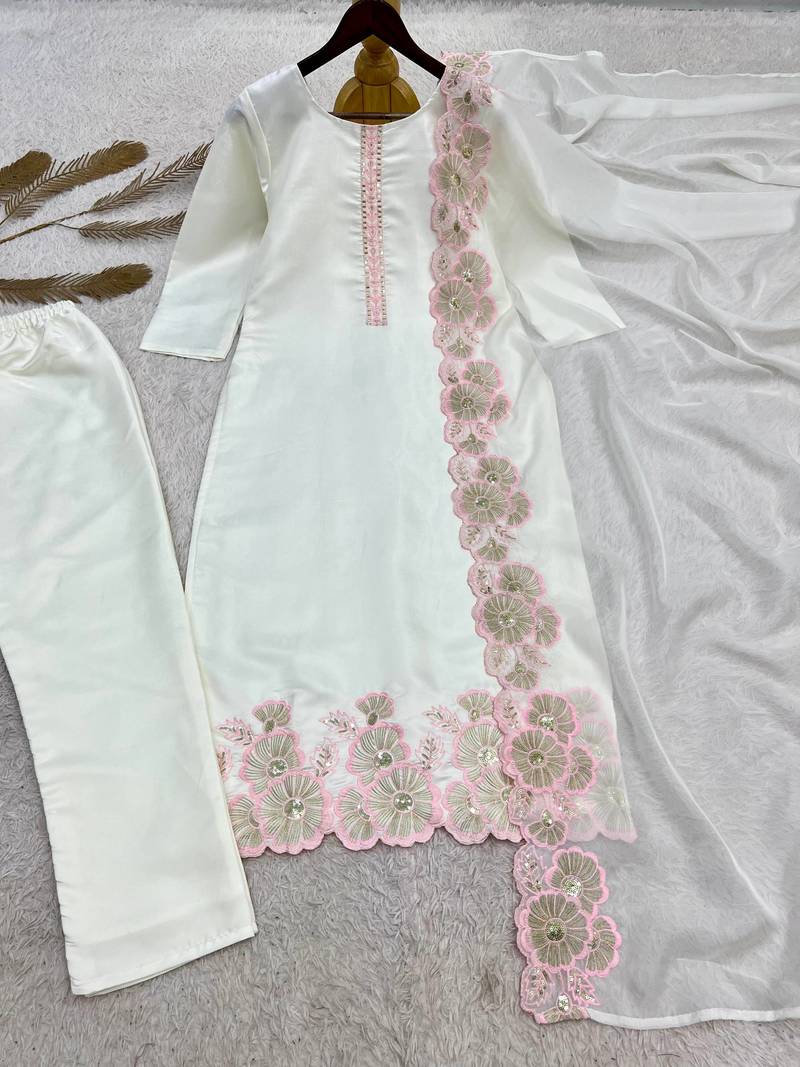 pink color embroidery sequin work with cutwork silk blend kurti set