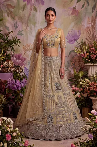 beige embroidered net unstitched lehenga choli with dupatta