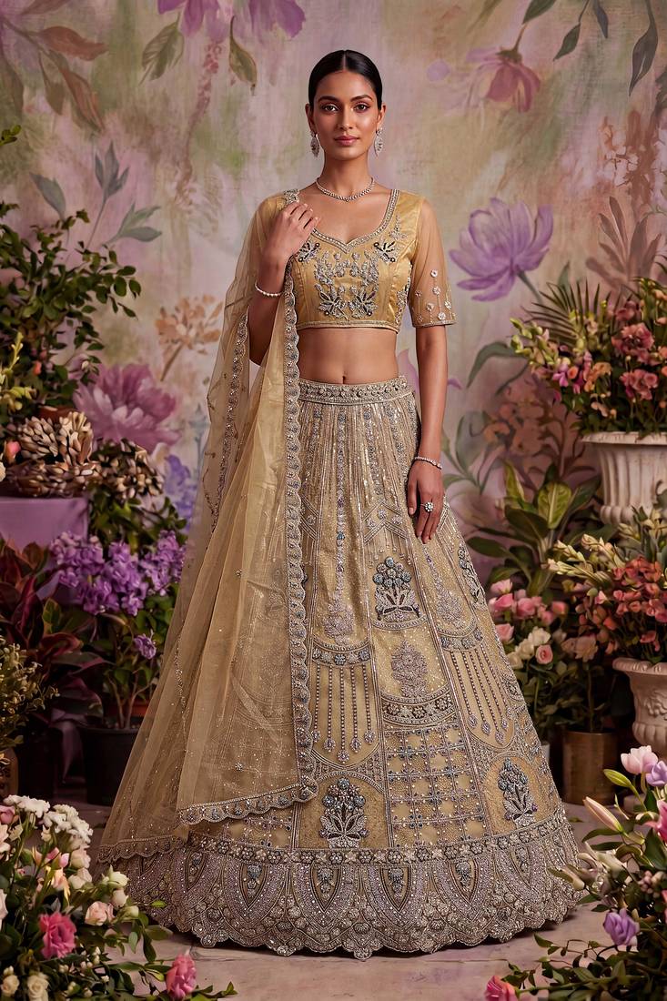 beige embroidered net unstitched lehenga choli with dupatta
