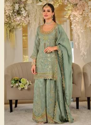 Sage green heavy dola silk sequins work palazzo suit 1