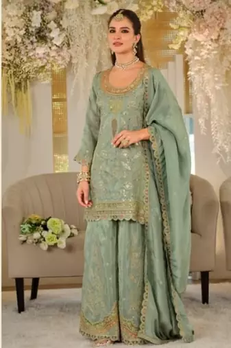 Sage green heavy dola silk sequins work palazzo suit