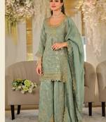 Sage green heavy dola silk sequins work palazzo suit
