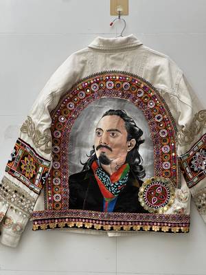 Navratri off white pure denim jacket with gamthi artwork 3
