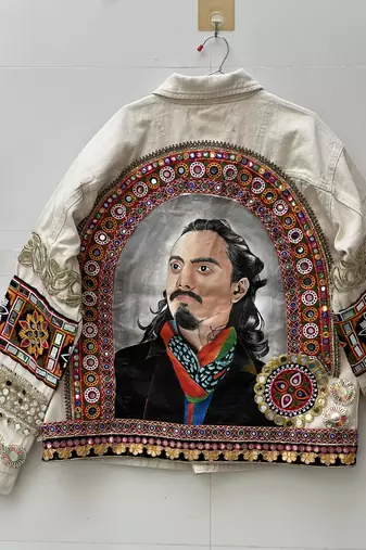 Navratri off white pure denim jacket with gamthi artwork