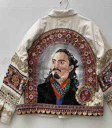 off white gamthi artwork cotton navratri denim jacket for men