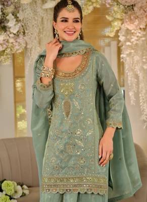 Sage green heavy dola silk sequins work palazzo suit 2