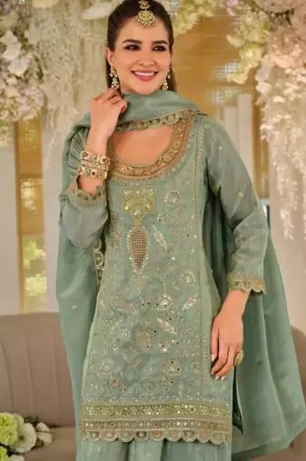 Sage green heavy dola silk sequins work palazzo suit