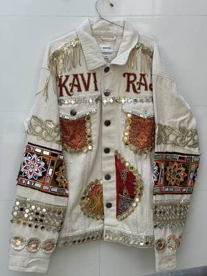 Navratri off white pure denim jacket with gamthi artwork 4