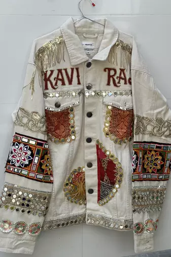 Navratri off white pure denim jacket with gamthi artwork