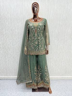 Sage green heavy dola silk sequins work palazzo suit 3